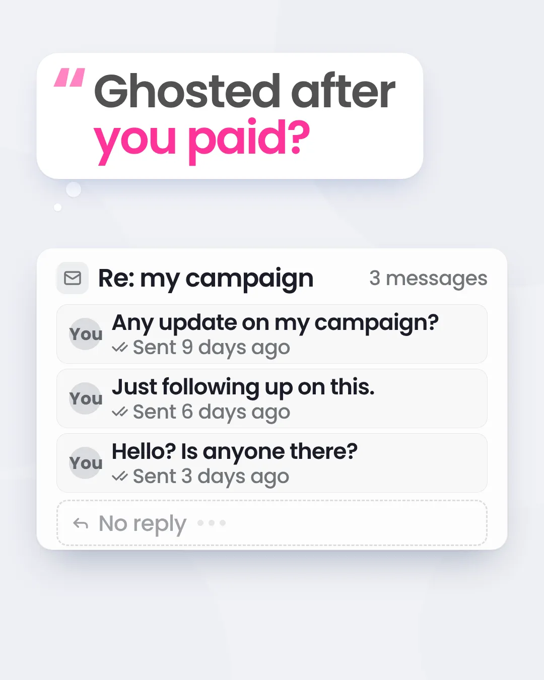 A thought bubble asking "Ghosted after you paid?" above an email thread "Re: my campaign" with three unanswered follow-ups sent 9, 6 and 3 days ago.