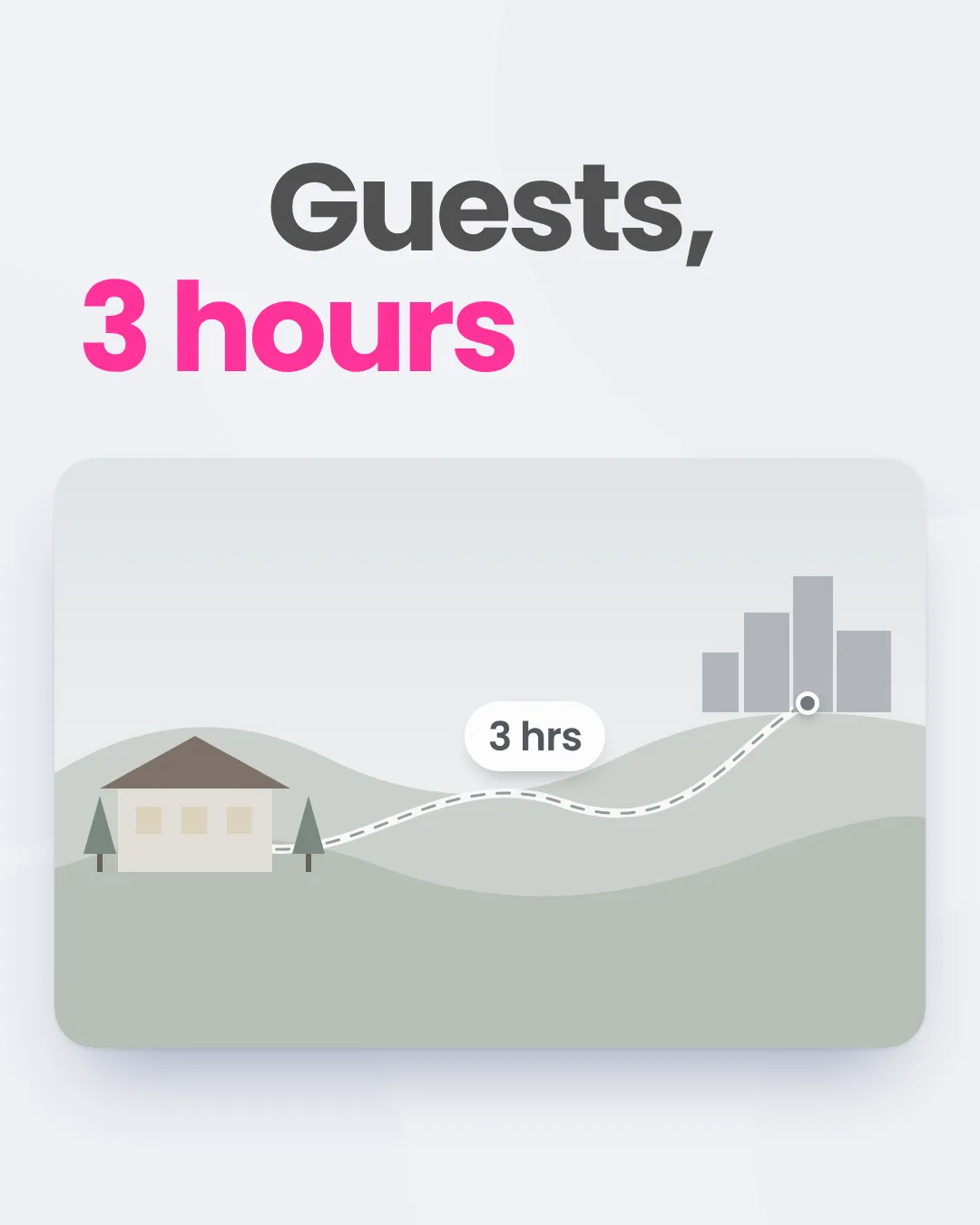 The words "Guests, 3 hours" over an illustration of a small inn on a hill linked by a winding road to a distant city.